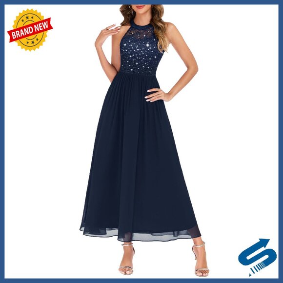 Sparkly Sequin Halter Formal Dress Floral Lace Prom Gown Long Cocktail